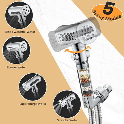 Silver Handheld Shower Head – 5 Modes, 4-Side Spray, with Hose & Filters
