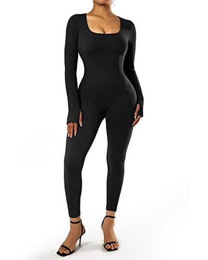 Women's Ribbed One-Piece Jumpsuit – High Waist, Long Sleeve, Yoga Bodysuit