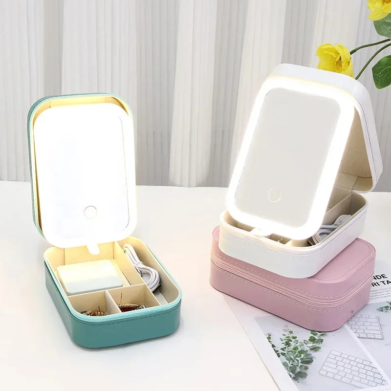 Portable LED Makeup Storage Box – Travel Cosmetic Case with Mirror
