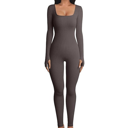 Women's Long Sleeve Square Collar Yoga Jumpsuit