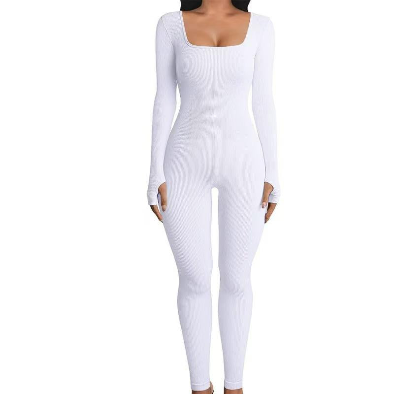 Women's Ribbed One-Piece Jumpsuit – High Waist, Long Sleeve, Yoga Bodysuit