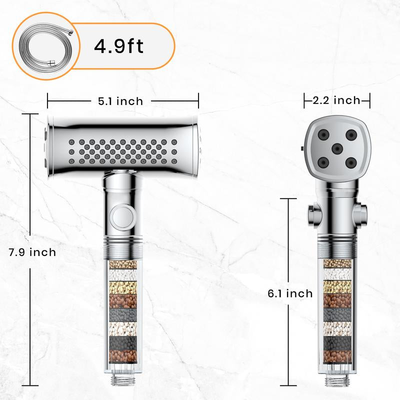 Silver Handheld Shower Head – 5 Modes, 4-Side Spray, with Hose & Filters