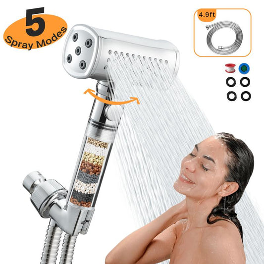 Silver Handheld Shower Head – 5 Modes, 4-Side Spray, with Hose & Filters