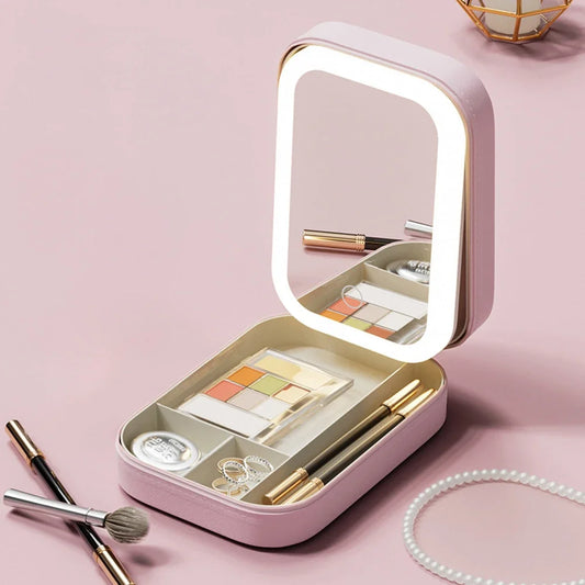 Portable LED Makeup Storage Box – Travel Cosmetic Case with Mirror
