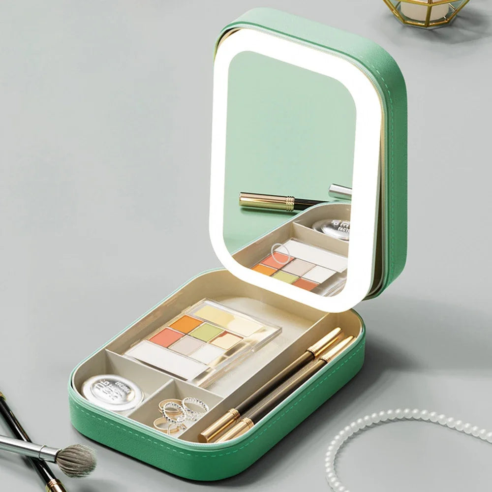 Portable LED Makeup Storage Box – Travel Cosmetic Case with Mirror