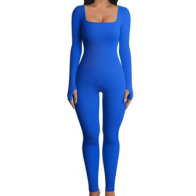 Women's Ribbed One-Piece Jumpsuit – High Waist, Long Sleeve, Yoga Bodysuit