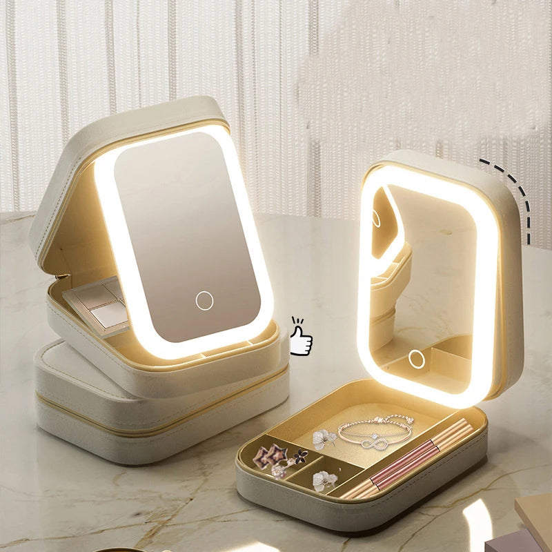 Portable LED Makeup Storage Box – Travel Cosmetic Case with Mirror