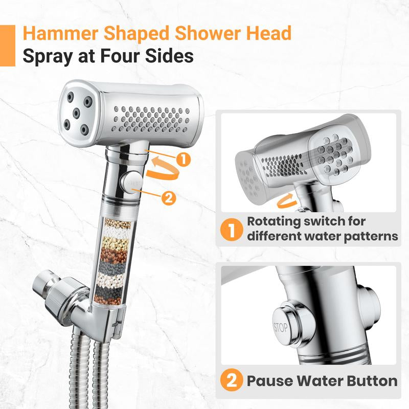 Silver Handheld Shower Head – 5 Modes, 4-Side Spray, with Hose & Filters