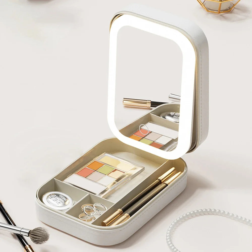 Portable LED Makeup Storage Box – Travel Cosmetic Case with Mirror