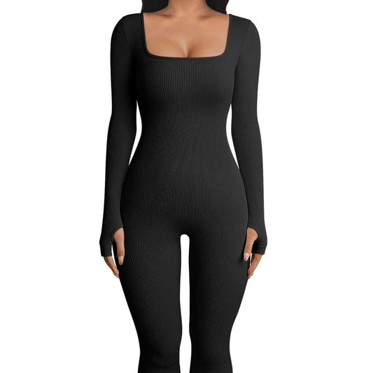 Women's Ribbed One-Piece Jumpsuit – High Waist, Long Sleeve, Yoga Bodysuit