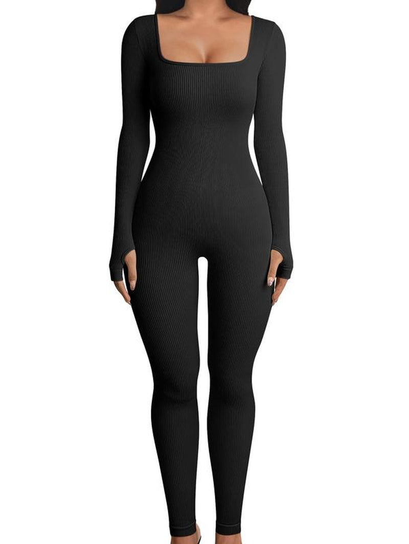 Women's Ribbed One-Piece Jumpsuit – High Waist, Long Sleeve, Yoga Bodysuit